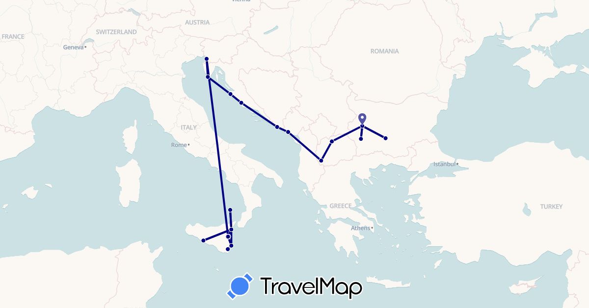 TravelMap itinerary: driving in Bulgaria, Croatia, Italy, Montenegro, Macedonia (Europe)